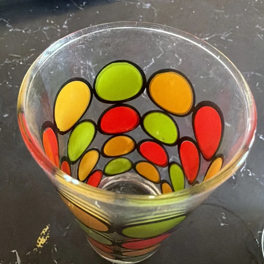 Vintage Set of 4 Mid Century Modern Retro Glasses Red Yellow Green Polka Dot 70s